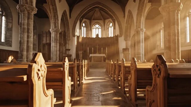 Video of rustic wooden pew under warm chapel light, empty sanctuary setting with peaceful silence and traditional religious architecture aesthetic for reflective storytelling.