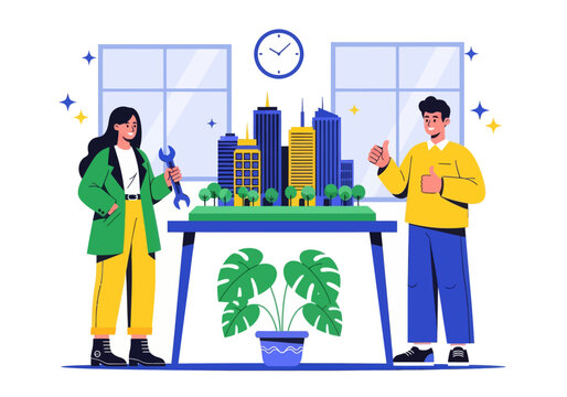 Architects and engineers celebrate their successful smart city development project. A diverse team presents a detailed miniature model with a wrench and double thumbs-up in a modern office.