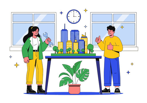 Architects and engineers celebrate their successful smart city development project. A diverse team presents a detailed miniature model with a wrench and double thumbs-up in a modern office.