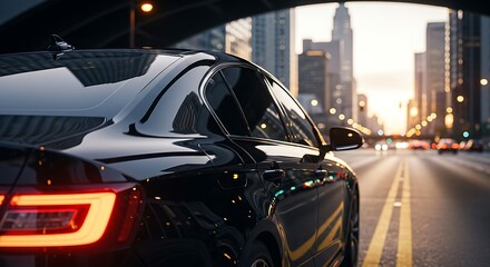 Fototapeta premium Black luxury sedan driving through modern city street at sunset with glowing taillights and urban skyscrapers view