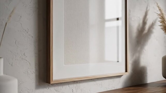 This video presents an interior wall art frame mockup under soft ambient lighting, contemporary decor visualization, blank canvas template, and refined lifestyle setting for digital marketing content.