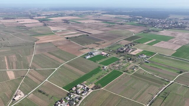 Aerial view of cultivated land revealing a geometric tapestry of green and brown fields, interspersed with roads and buildings, Mittelwihr, Grand Est, France.