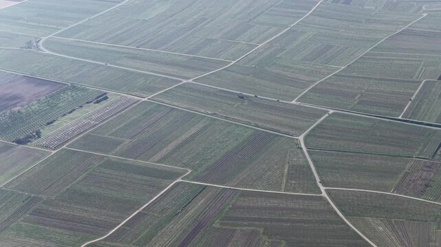 Aerial view of neatly arranged agricultural fields, creating a patchwork of muted greens and browns divided by pale pathways, Mittelwihr, Grand Est, France.
