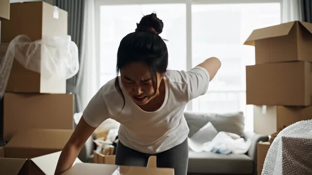 Asian woman experiencing severe back pain while lifting heavy cardboard boxes during home relocation. Strained person suffering from injury during moving house.