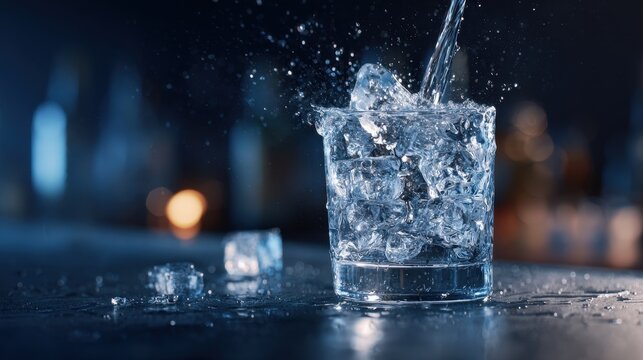Refreshing Water Splash into IceFilled Glass at Bar.