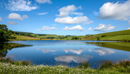 Fototapeta premium Peaceful countryside lake with reflection of clouds and rolling green hills for landscape design.