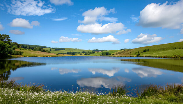 Peaceful countryside lake with reflection of clouds and rolling green hills for landscape design.