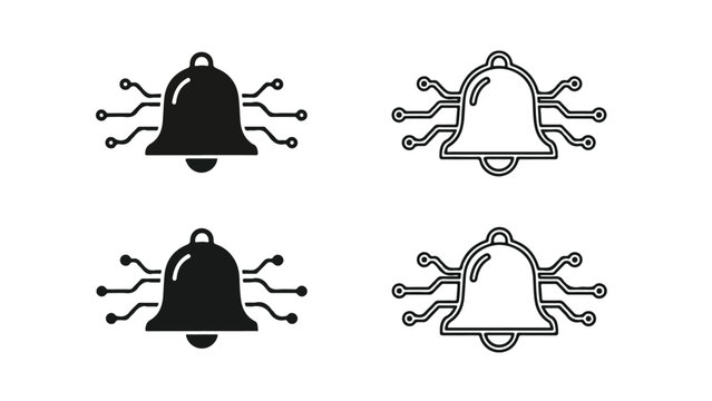Four notification bell icons in black and white, with lines radiating outward, on a plain white background.