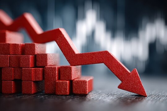 A dramatic red arrow pointing downwards amidst stacked blocks, symbolizing financial loss, market crash, economic downturn, recession and negative trends in business performance.