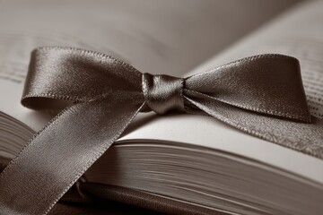 Close-up of an open book tied with a stylish satin ribbon bow, creating a charming and elegant aesthetic, perfect for gifts and special occasions.