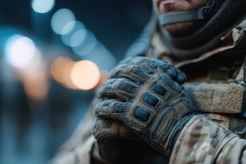 Naklejka premium Close-up of a soldier in camouflage uniform with tactical gloves and gear, standing guard at night, with blurred city lights creating a bokeh effect in the background.