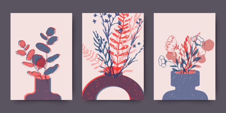 Botanical poster set in riso style with abstract flowers, vases and textured grain effect. Modern artistic wall art collection with soft colors and editorial print look.