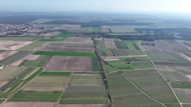 Aerial view of patchwork agricultural fields displaying varied textures and earthy tones, intersected by pathways, Mittelwihr, Grand Est, France.