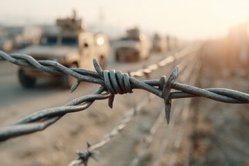 Close-up shot of barbed wire with blurred military vehicles in the background, focusing on security and defense with a sense of tension and conflict in a war zone.