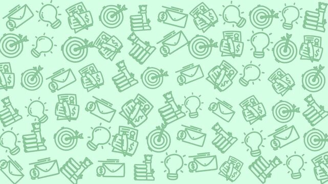 seamless green doodle pattern with money icons lightbulbs charts and documents suitable for business finance education and creativity themed videos