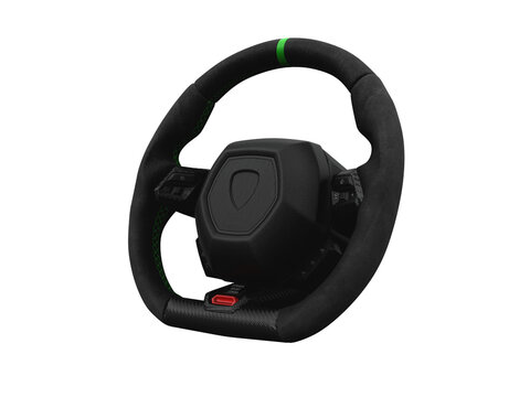Highly detailed alcantara and carbon fiber steering wheel on white transparent background