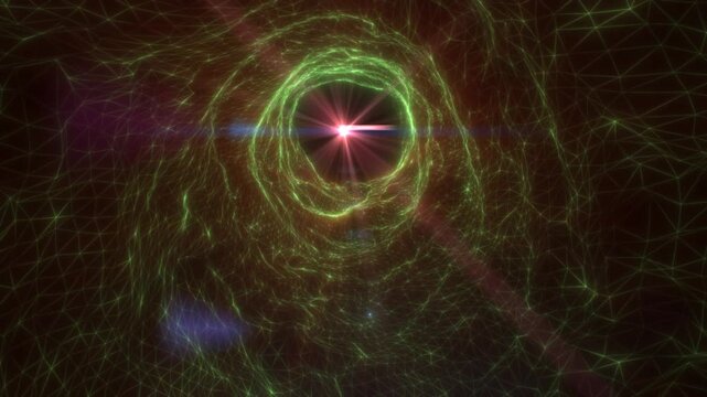 Neon green plasma vortex portal with bright core inside polygon mesh network, abstract digital energy tunnel with lens flare