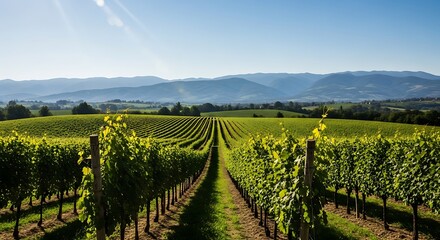 Fototapeta premium Rolling green vineyard in sunlight with mountains in the distance and a clear blue sky
