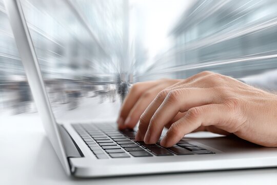 Fingers tapping swiftly on a laptop keyboard, blurring background suggesting fast pace communication, technology and modern work environment, efficiency.
