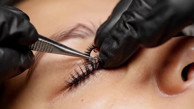 Video of Eyelash Extension Macro &ndash; Precision tool motion, beauty concept showcasing professional cosmetic procedure, salon treatment detail and luxury self-care branding for skincare marketing and
