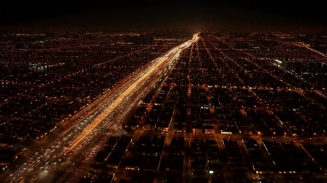 Aerial view of illuminated city streets and a busy highway glowing with traffic lights at night.