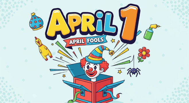 Colorful clown popping out of a red box on april fools' day with festive decorations and prank items around