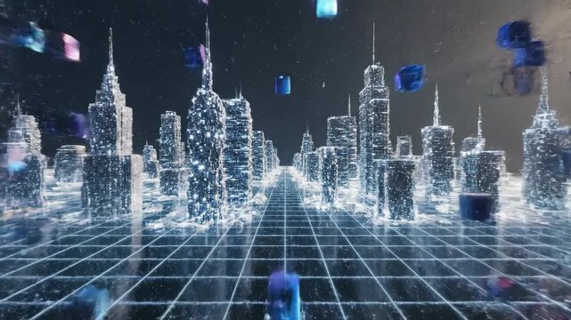 Video of a pixelated reality transition showing the real world morphing into a digital environment, ideal for technology innovation, digital transformation, metaverse and data disruption concepts,