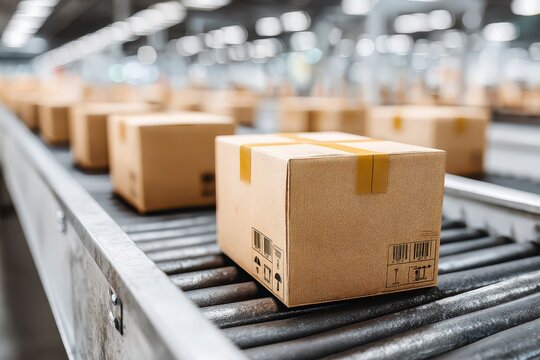 Several cardboard boxes sealed with tape on a conveyor belt in a large warehouse, ready to be transported, representing efficient logistics and distribution systems.