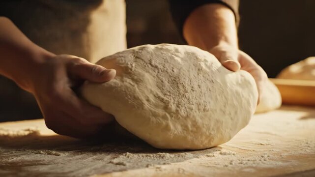 Video of Fresh bread dough texture stretching under warm ambient lighting emphasizing bakery concept, organic ingredients and traditional cooking visuals for commercial stock use.