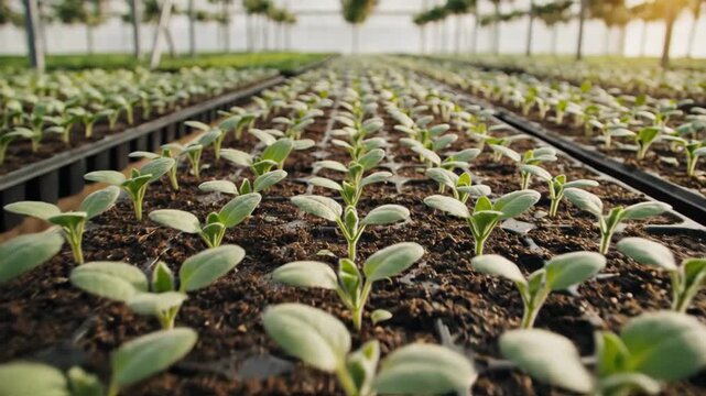 Video of seedling tray rows with small sprouts alignment in greenhouse vibe, sustainable agriculture concept, plant nursery growth and organic farming background.