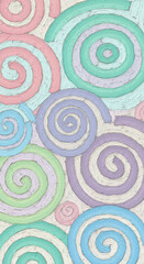 A dense pattern of multicolored, hand-drawn spirals fills the frame with soft, muted tones.
