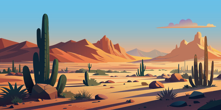 desert, cordillera,  succulents, clouds, rocks, sand, sandstone, mountains, bushes, grass,  vector, panorama, banner, postcard, scenery, america, mexico, romance, adventure