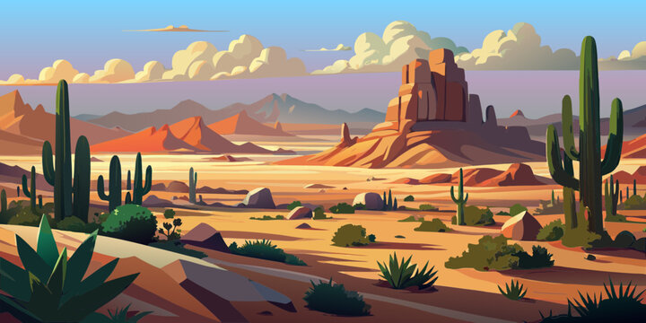 desert, cordillera,  succulents, clouds, rocks, sand, sandstone, mountains, bushes, grass,  vector, panorama, banner, postcard, scenery, america, mexico, romance, adventure