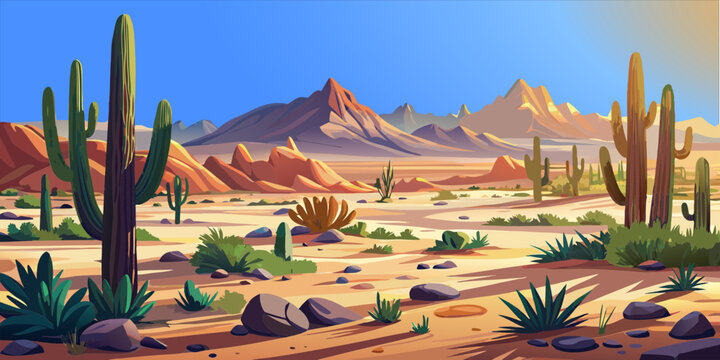 desert, cordillera,  succulents, clouds, rocks, sand, sandstone, mountains, bushes, grass,  vector, panorama, banner, postcard, scenery, america, mexico, romance, adventure