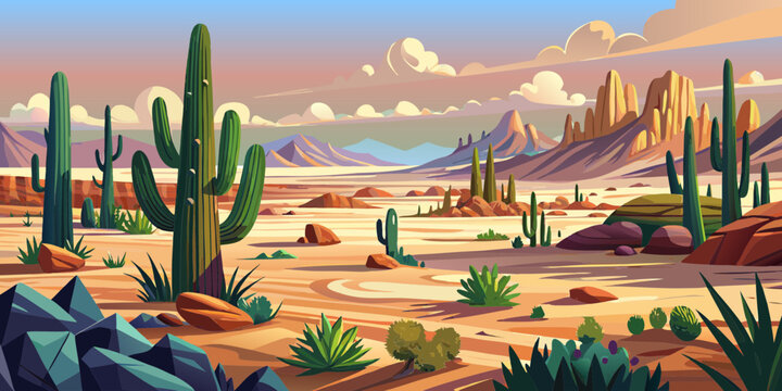 desert, cordillera,  succulents, clouds, rocks, sand, sandstone, mountains, bushes, grass,  vector, panorama, banner, postcard, scenery, america, mexico, romance, adventure