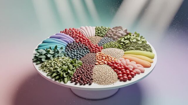 Abstract interpretation of mindful eating featuring a minimal table floating in a soft pastel environment, a healthy meal arranged in harmonious color gradients, ingredients subtly aligned in circular