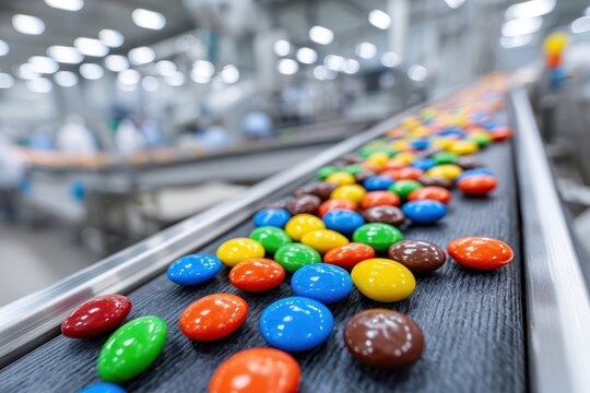 Colorful candies on a conveyor belt in a modern food factory, showcasing automated production processes, ensuring quality and efficiency in the food industry.