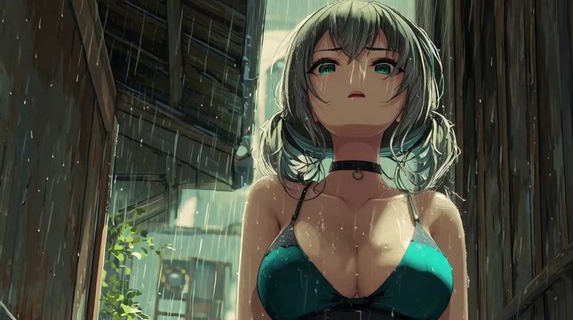 Big Chest Anime Woman in Teal Bra Top Getting Rained on in Alley Animation for Lifestyle