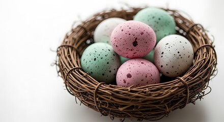 Obraz premium Speckled pastel-colored eggs nestled in a woven brown bird's nest on a white surface