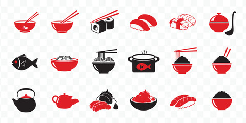 Red and Black Asian Food Icons Vector Set. Sushi, Ramen, Rice Bowls, Teapots, Chopsticks. Japanese Restaurant Menu Design Elements © Masud