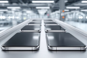 Obraz premium A production line of modern smartphones, ready for distribution after manufacturing process, clean technology, modern design, sleek look and shiny surfaces, silver phones.
