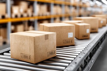 Obraz na płótnie Canvas Packages on conveyor belt in warehouse or distribution center ready for shipment, showing efficient logistics and supply chain operations in e-commerce fulfillment process.