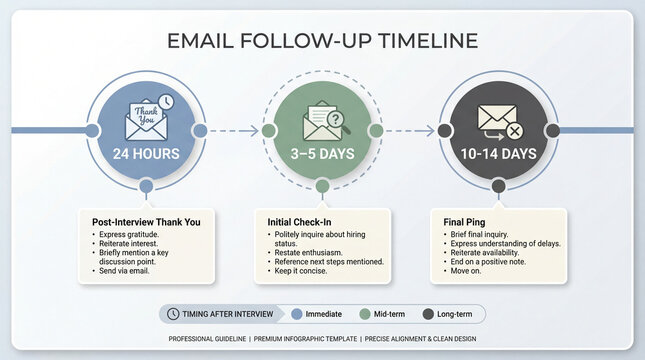 Email timeline guides interview follow-ups. Email follow-up timeline outlines thank-you note, check-in, final ping timing for interviews, career coaching, job search, professional communication