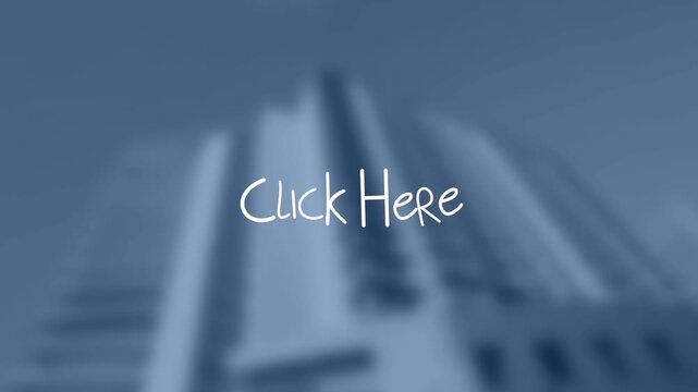 Animation of click here text with lines over out of focus cityscape