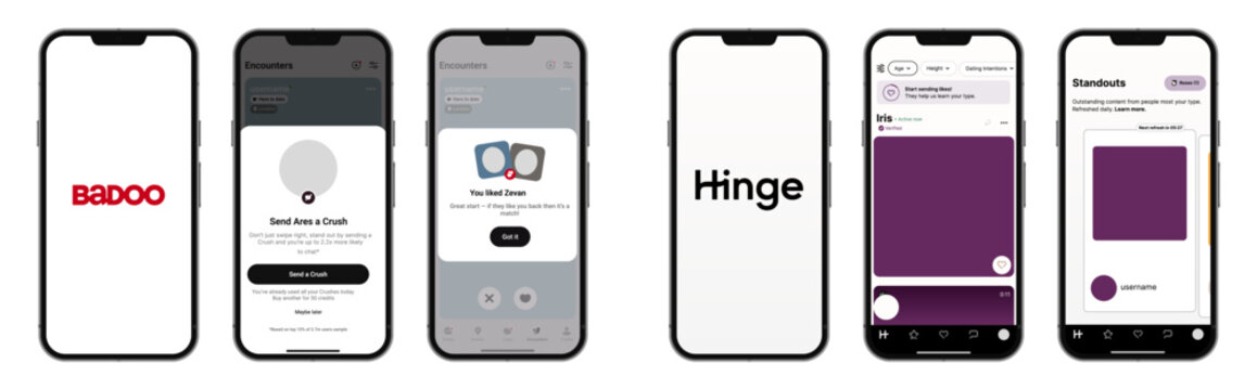 Badoo and Hinge Online Dating Applications Interface on Smartphone Screens. Mobile Dating Apps UI Design for Social Networking and Online Relationships