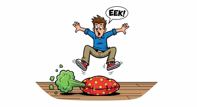 Cartoon man jumping away from a broccoli and a red mushroom on a wooden floor with a shocked expression.