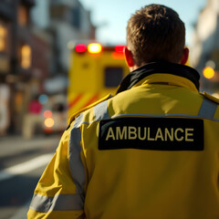 Fototapeta premium Paramedic standing near ambulance in urban setting
