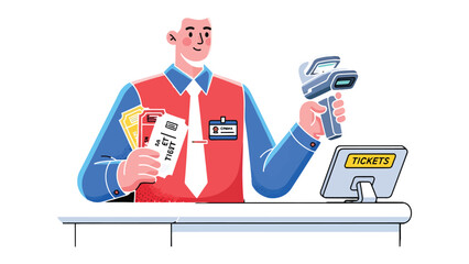 Ticket Seller at Work: A ticket seller stands at a counter, ready to scan tickets with a handheld scanner. The scene is of service with clear communication of transaction. © hafs121