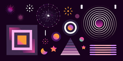 Obraz premium Abstract geometric shapes and glowing forms on a dark purple background