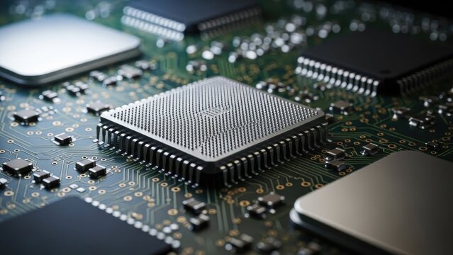 Detailed close-up of a green circuit board with embedded silver chips